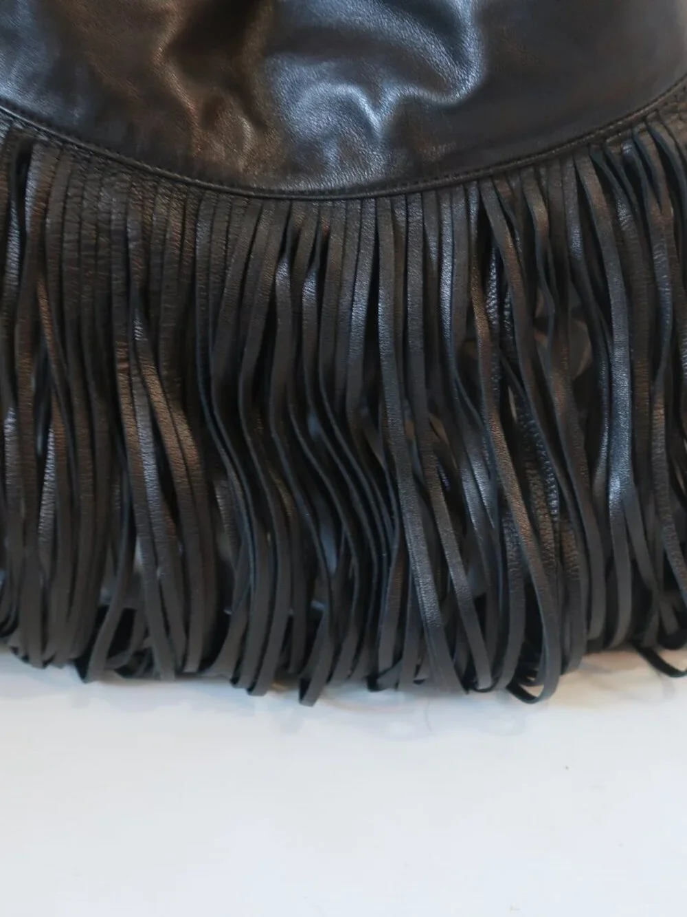 Womens Katherine Kwei Black Leather Snakeskin Texture Fringe Rhinestone Hobo Bag